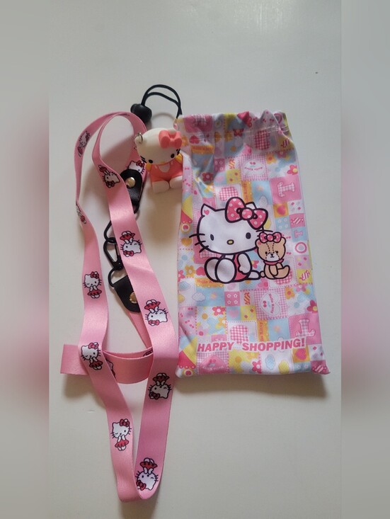 Accessories - Hello Kitty Pink Lanyard and Drawstring Pouch with Keychain.